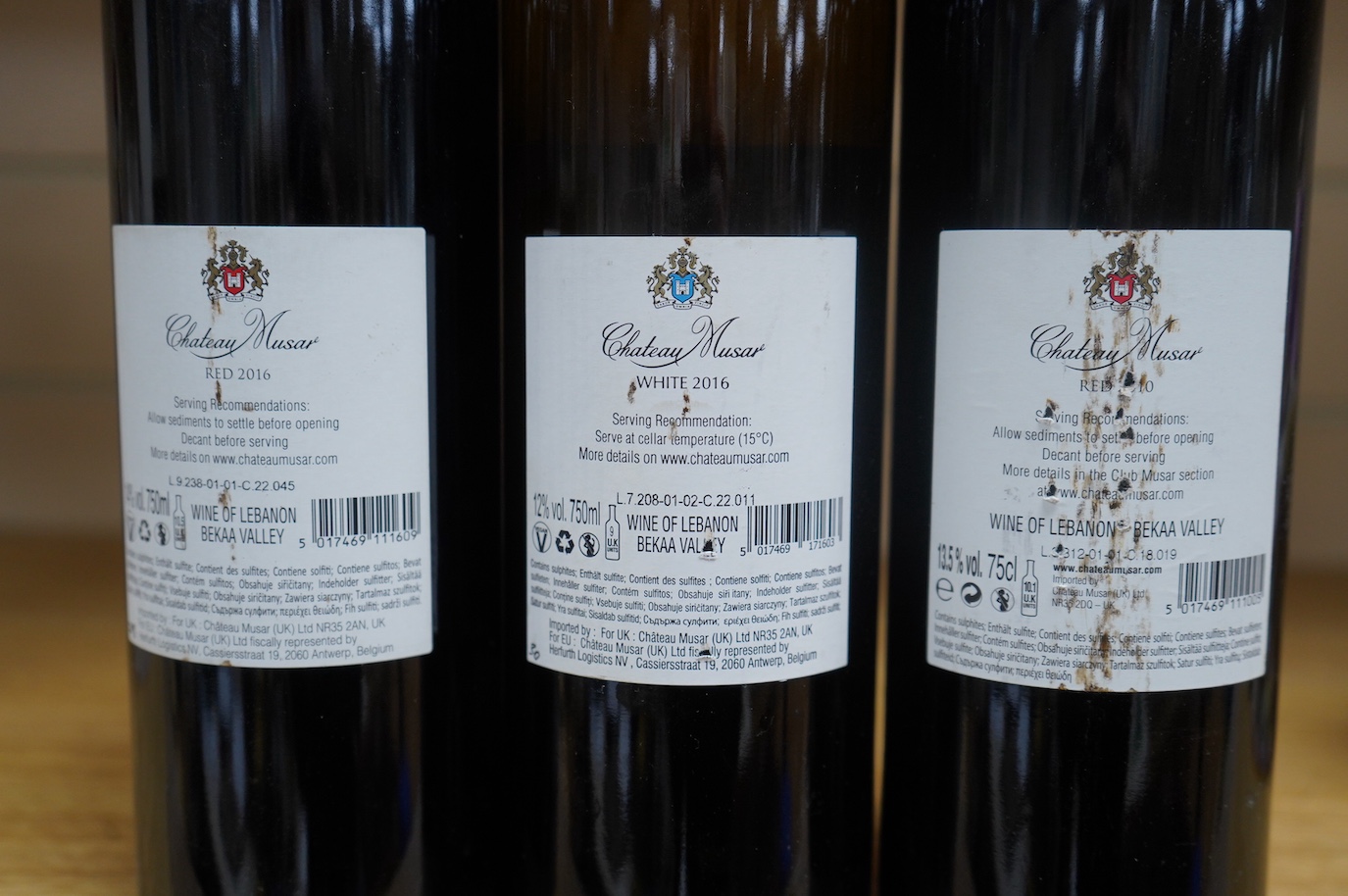 Three bottles of Chateau Musar; 2010, 2016 and a 2016 white. Condition - good